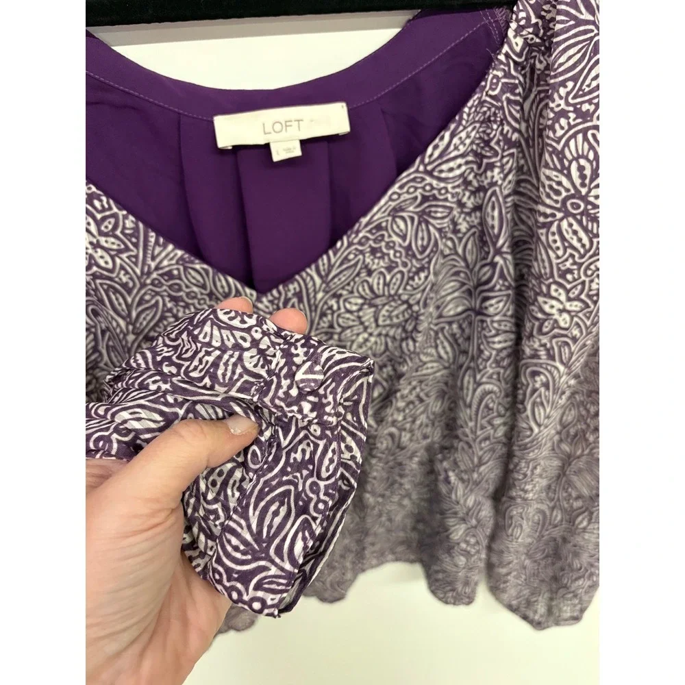 LOFT Cottagecore Paisley Blouse Women L Purple Floral V-Neck Puff Sleeve Boho
